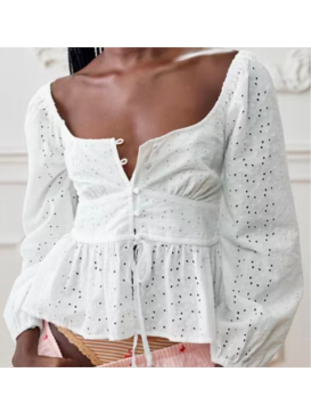 New Aerie Eyelet Peplum Blouse M Puff Sleeves Smocked Back Milkmaid Peasant Top